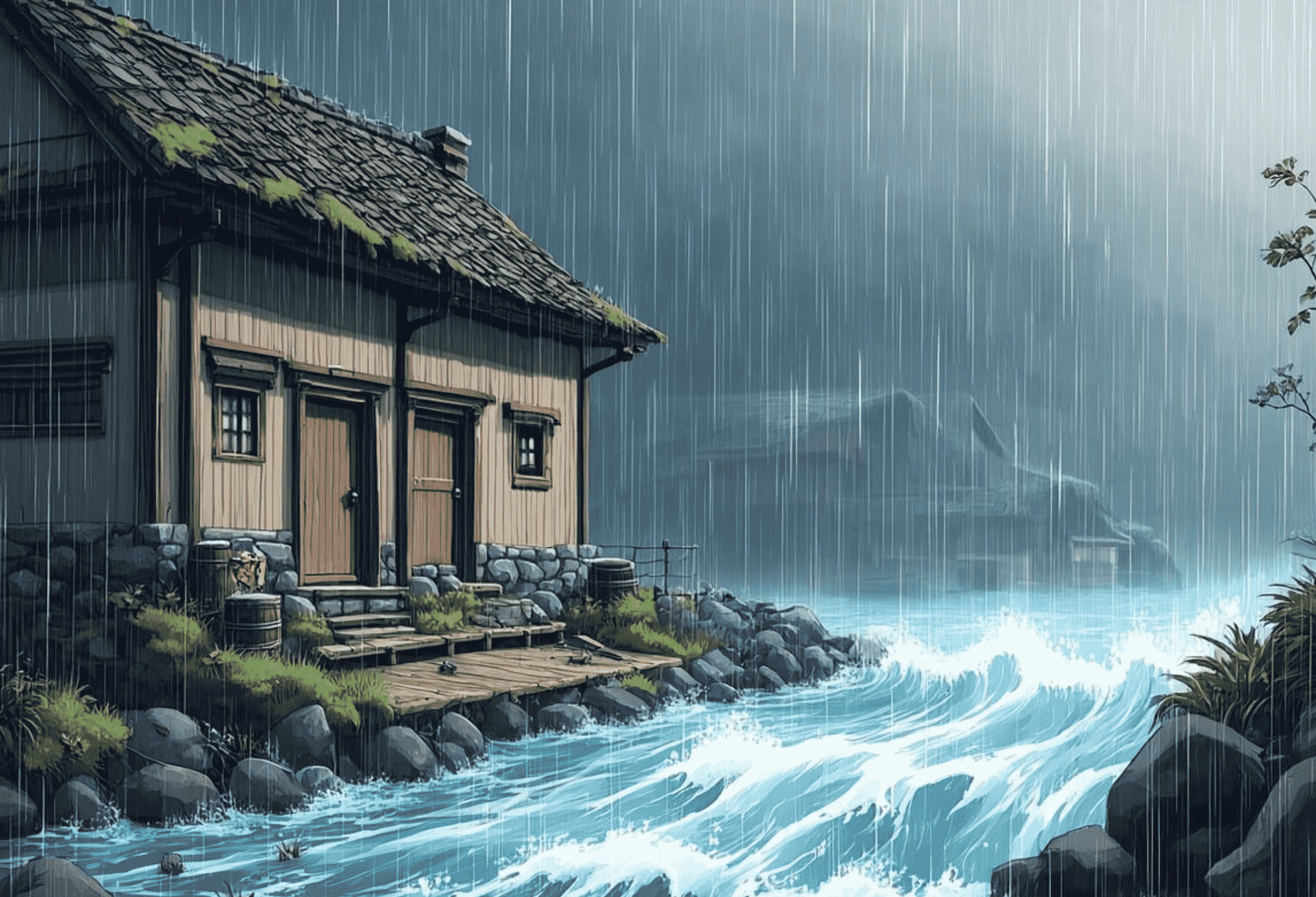 五月雨や　大河を前に　家二軒 