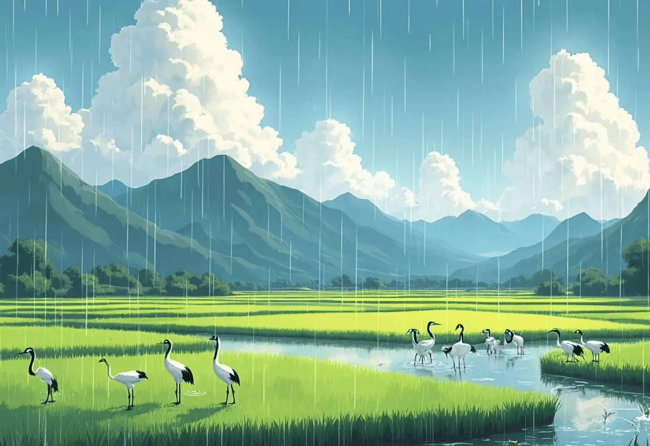 夕立に濡れる鶴